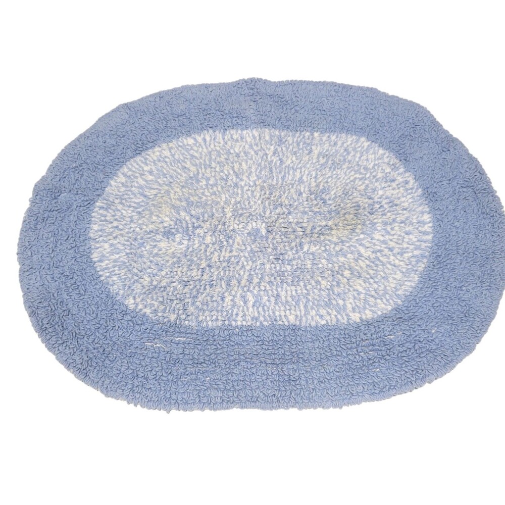 Vintage Style Oval Bath Rug Cottage Core Blue Short Shag 17 1/2" x 23"